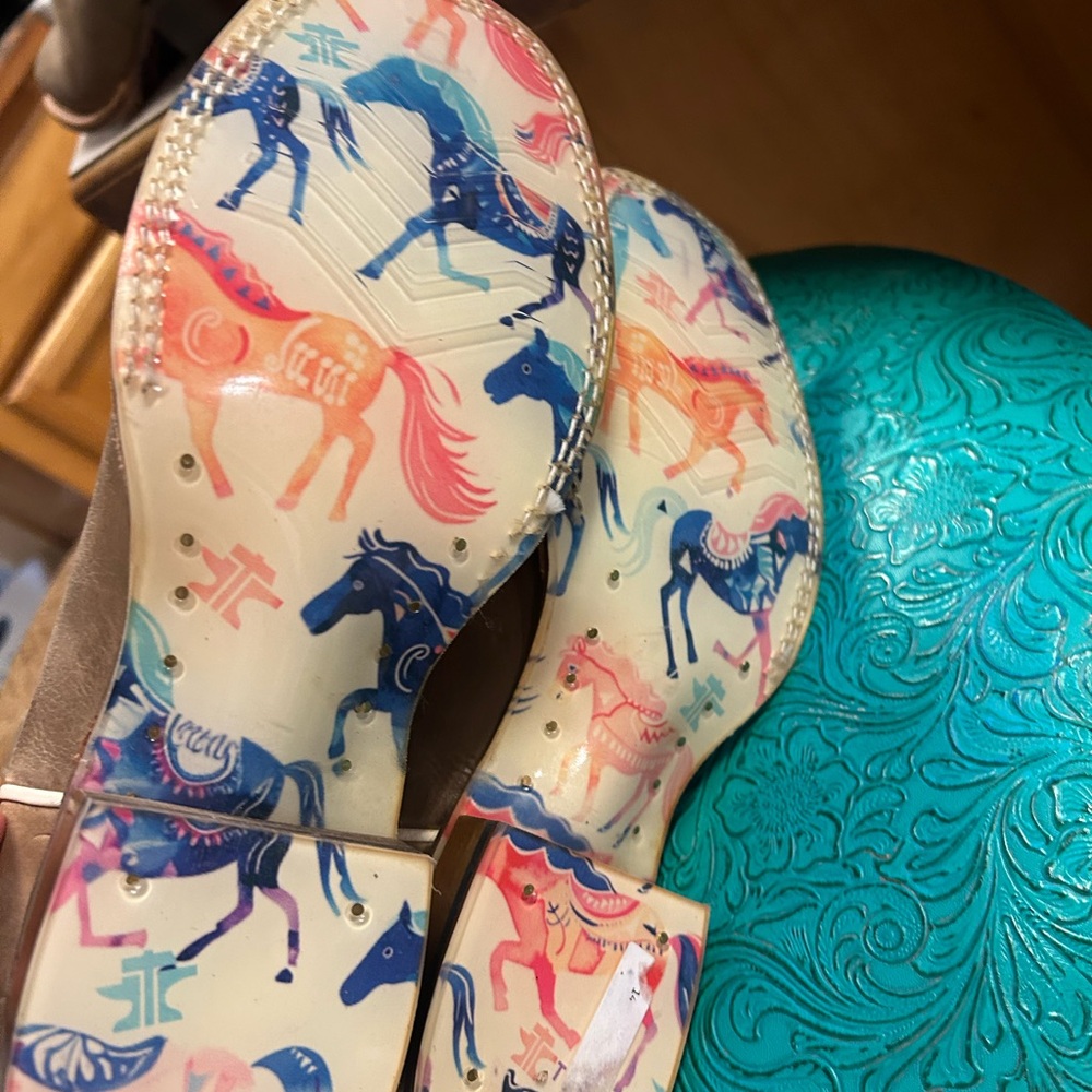Tin Haul Cream Mules with Pink, Blue and Coral Horse Print